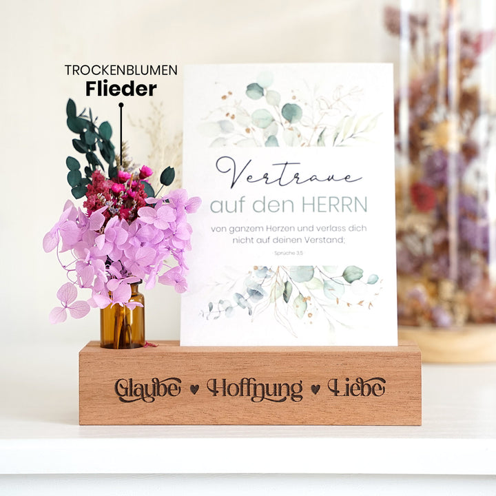 Kartenhalter "Glaube Hoffnung Liebe" mit Trockenblumen · Holzgravur · handmade · inkl. Postkarte
