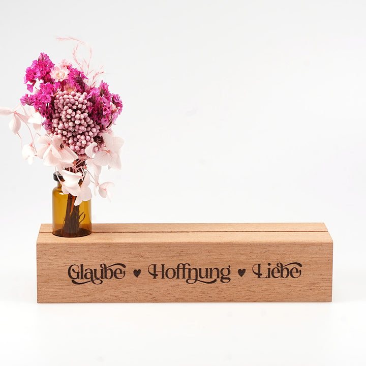 Kartenhalter "Glaube Hoffnung Liebe" mit Trockenblumen · Holzgravur · handmade · inkl. Postkarte