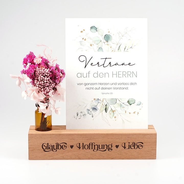 Kartenhalter "Glaube Hoffnung Liebe" mit Trockenblumen · Holzgravur · handmade · inkl. Postkarte
