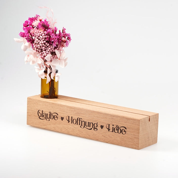 Kartenhalter "Glaube Hoffnung Liebe" mit Trockenblumen · Holzgravur · handmade · inkl. Postkarte