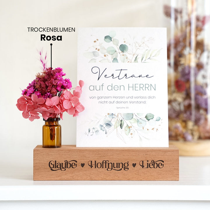 Kartenhalter "Glaube Hoffnung Liebe" mit Trockenblumen · Holzgravur · handmade · inkl. Postkarte