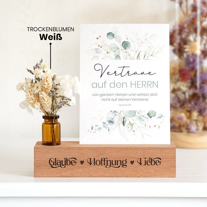Kartenhalter "Glaube Hoffnung Liebe" mit Trockenblumen · Holzgravur · handmade · inkl. Postkarte