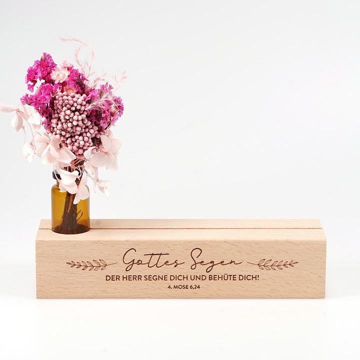 Kartenhalter "Gottes Segen" mit Trockenblumen · Holzgravur · inkl. Postkarte