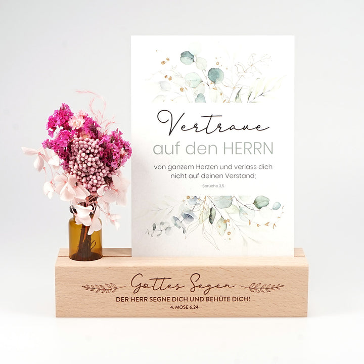 Kartenhalter "Gottes Segen" mit Trockenblumen · Holzgravur · inkl. Postkarte