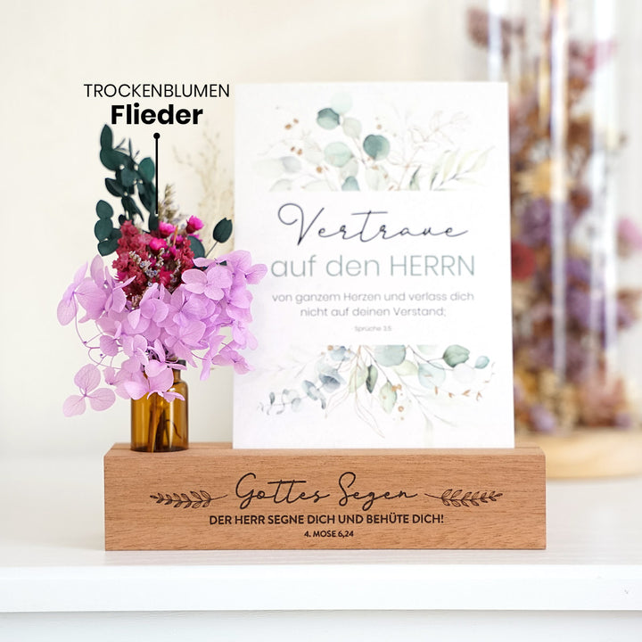 Kartenhalter "Gottes Segen" mit Trockenblumen · Holzgravur · inkl. Postkarte