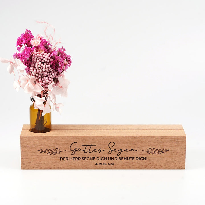 Kartenhalter "Gottes Segen" mit Trockenblumen · Holzgravur · inkl. Postkarte