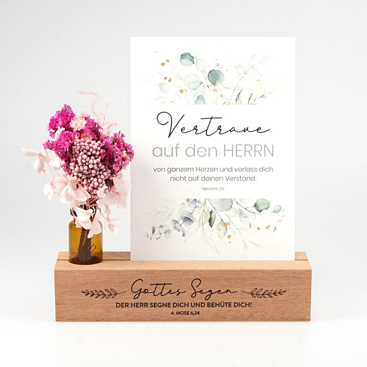 Kartenhalter "Gottes Segen" mit Trockenblumen · Holzgravur · inkl. Postkarte