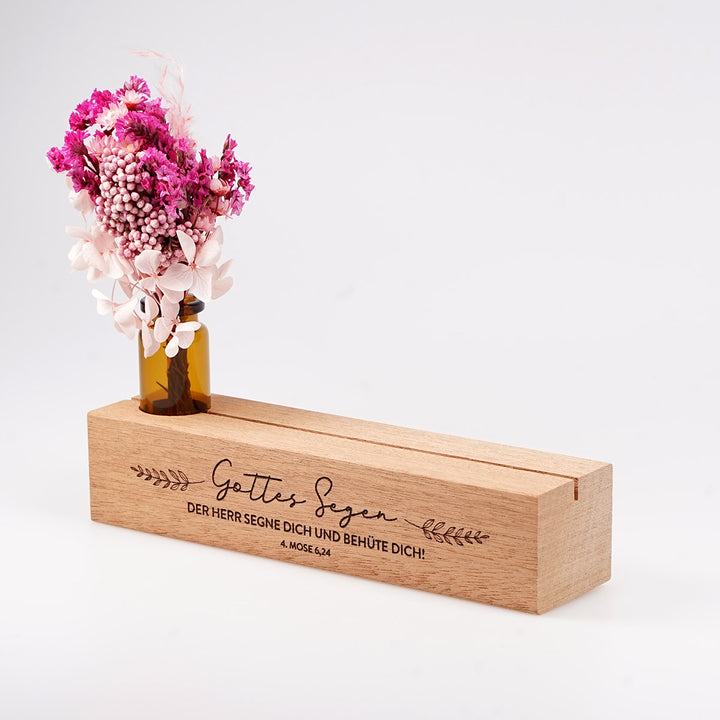 Kartenhalter "Gottes Segen" mit Trockenblumen · Holzgravur · inkl. Postkarte