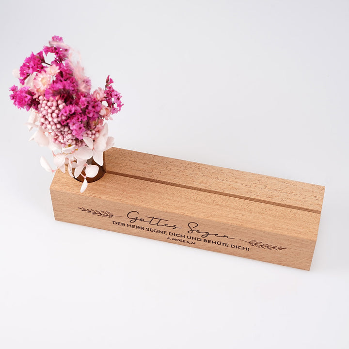Kartenhalter "Gottes Segen" mit Trockenblumen · Holzgravur · inkl. Postkarte
