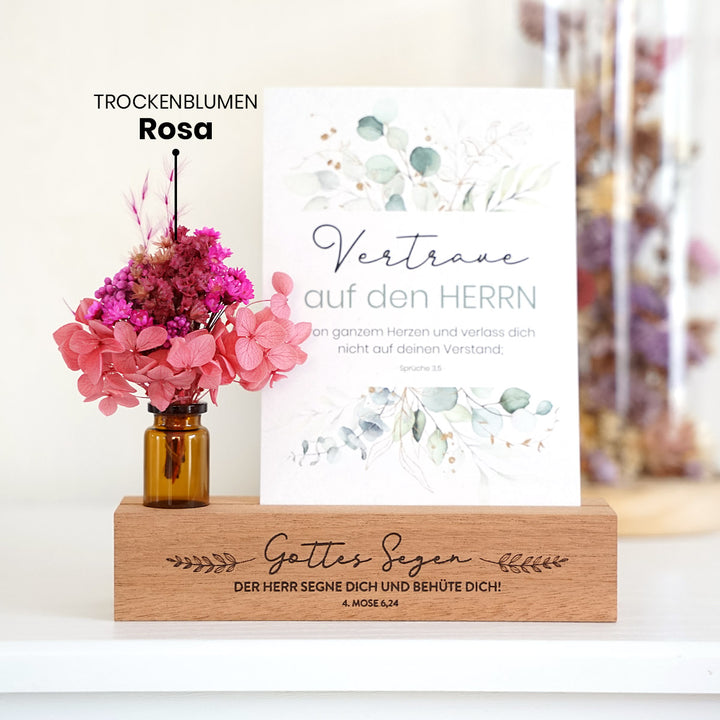 Kartenhalter "Gottes Segen" mit Trockenblumen · Holzgravur · inkl. Postkarte