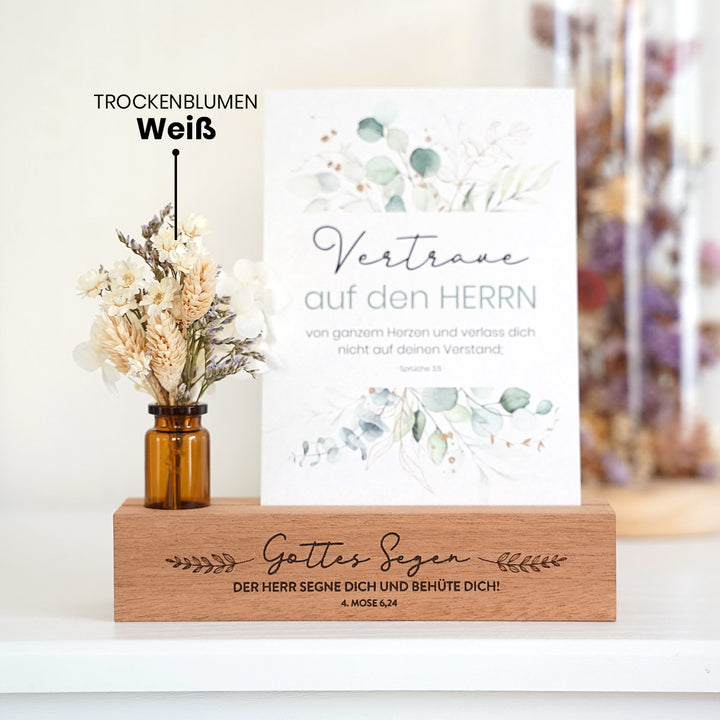 Kartenhalter "Gottes Segen" mit Trockenblumen · Holzgravur · inkl. Postkarte