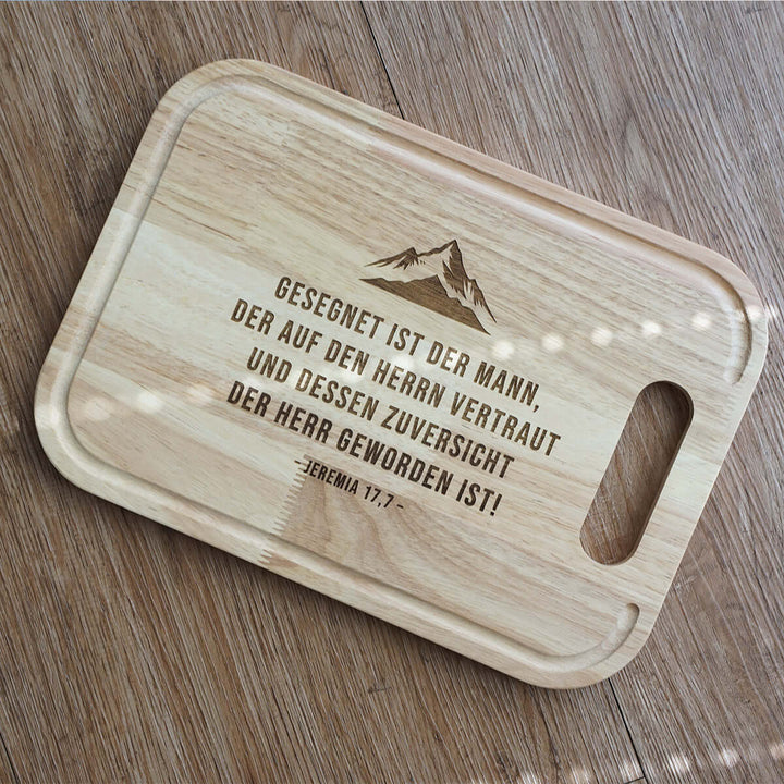 Schneidebrett "gesegnet ist der Mann" · Gummibaum · Bibelvers Gravur · Jeremia 17,7