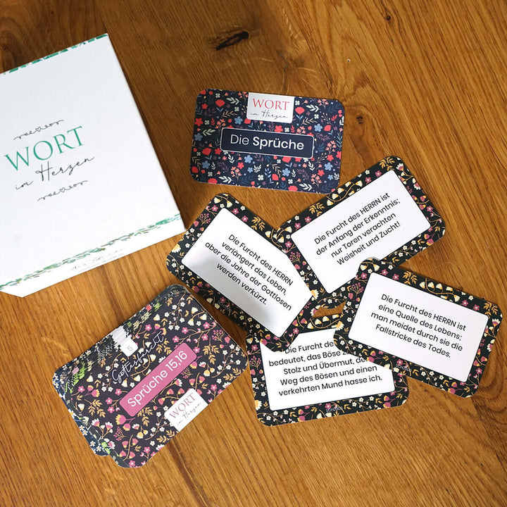 Wort im Herzen · "Die Sprüche" + Aufbewahrungsbox · 48 Bibelvers-Lernkarten – Aus Gnade