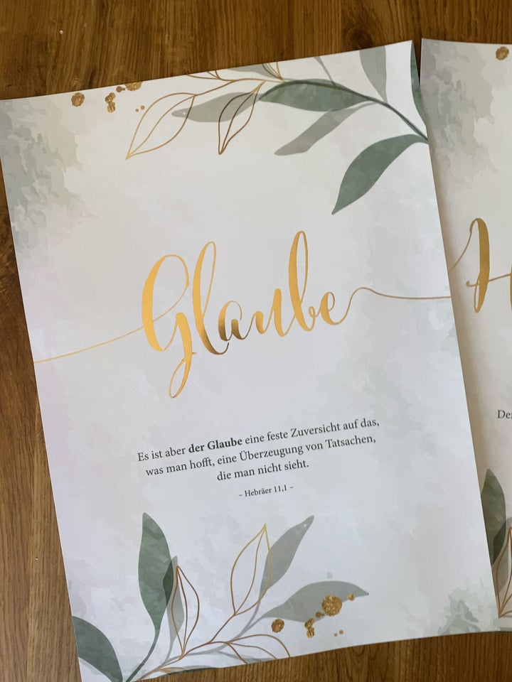 Premium-Poster "Glaube Hoffnung Liebe" · 3er Set · Goldprägung