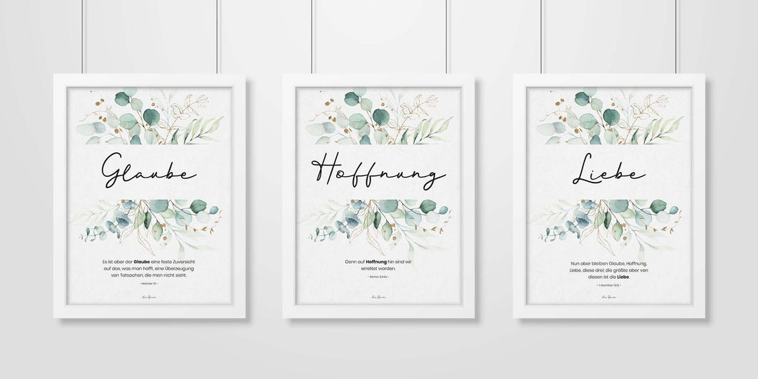 Poster "Glaube Hoffnung Liebe" · 3er Set · Pflanzen Grün · A3 / A4 · Bibelvers Deutsch – Aus Gnade
