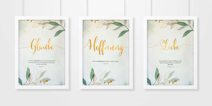 Premium-Poster "Glaube Hoffnung Liebe" · 3er Set · Goldprägung – Aus Gnade