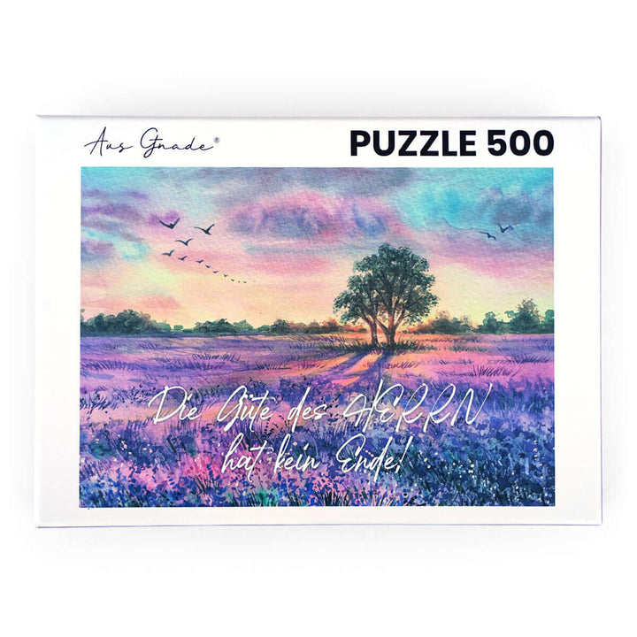 Puzzle "Die Güte des Herrn hat kein Ende!" · Bibelvers · 500 Teile – Aus Gnade