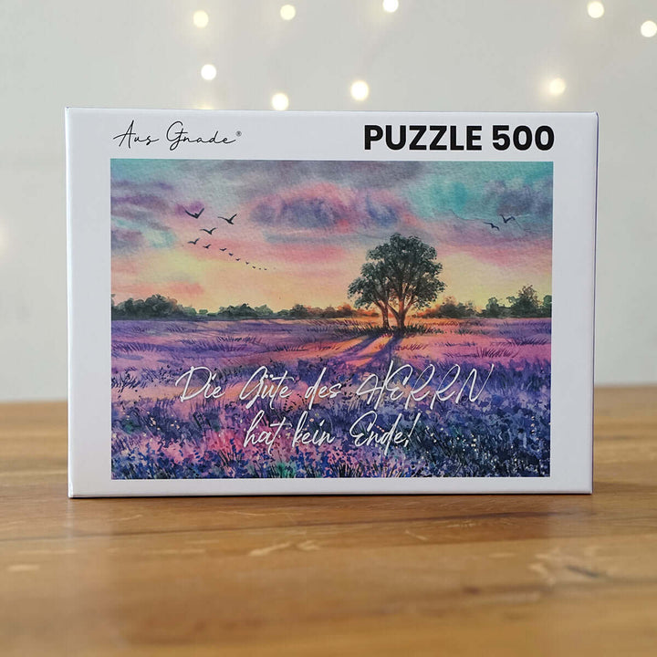 Puzzle "Die Güte des Herrn hat kein Ende!" · Bibelvers · 500 Teile – Aus Gnade