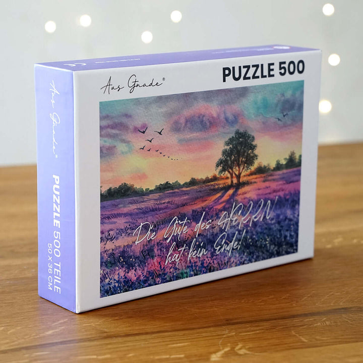 Puzzle "Die Güte des Herrn hat kein Ende!" · Bibelvers · 500 Teile – Aus Gnade