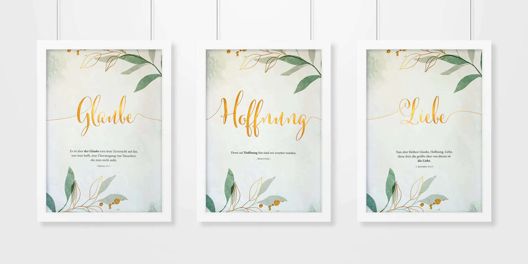 Premium Poster – Glaube Hoffnung Liebe – Goldedition – Bibelverse Wanddeko, christliche Geschenke, christliche Poster, christlicher shop