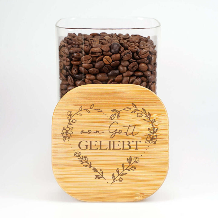 Aufbewahrungsglas "von Gott geliebt" · Bibelvers-Gravur · 1,2 l