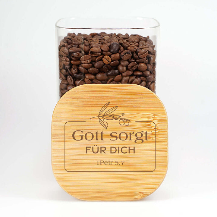 Aufbewahrungsglas "Gott sorgt für dich" · Bibelvers-Gravur · 1,2 l