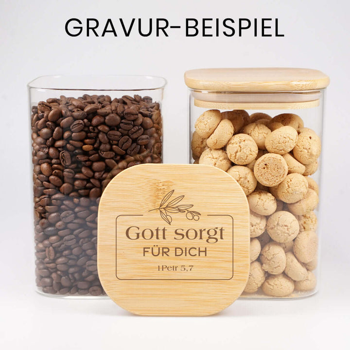 Aufbewahrungsglas "Gott sorgt für dich" · Bibelvers-Gravur · 1,2 l