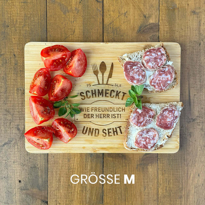 Holz-Brettchen "schmeckt und seht" · Bibelvers Gravur