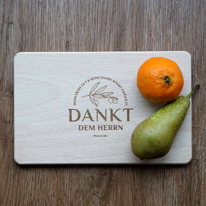 Holz-Brettchen "Dankt dem HERRN!" · Buche / Bambus · Bibelvers Gravur