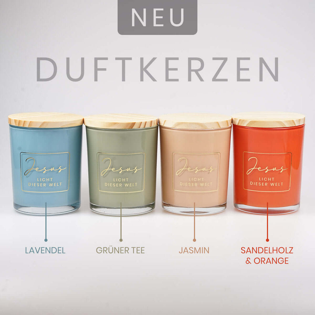 Premium Duftkerzen "Jesus – Licht dieser Welt" · 4 Dufte · Geschenkbox – Aus Gnade