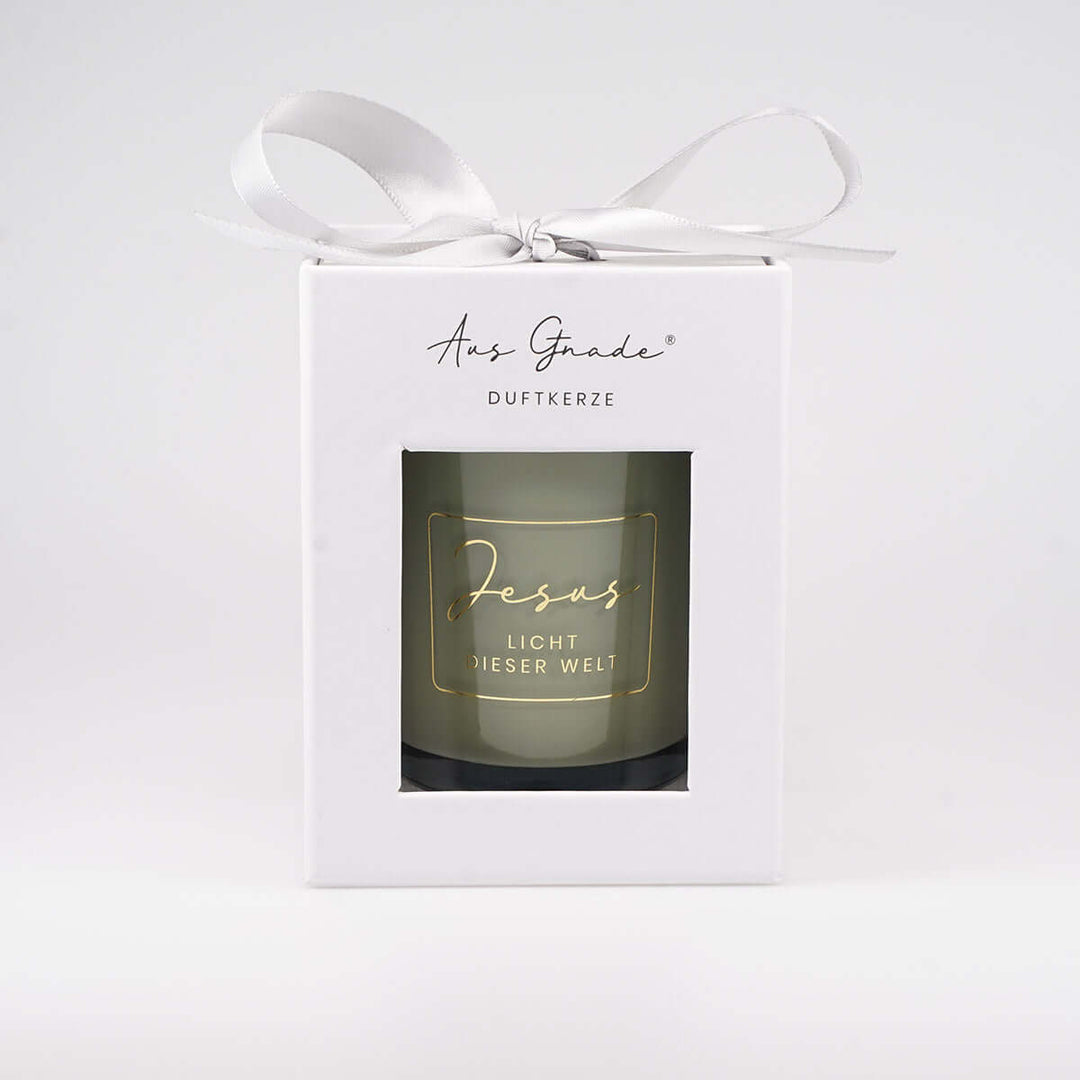 Premium Duftkerze "Jesus – Licht dieser Welt" · Geschenkbox · Grüner Tee – Aus Gnade