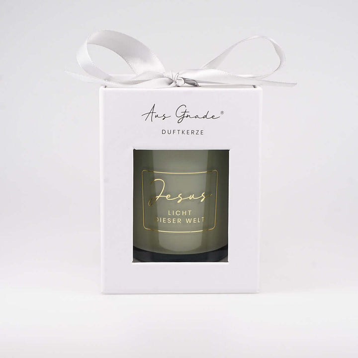 Premium Duftkerze "Jesus – Licht dieser Welt" · Geschenkbox · Grüner Tee – Aus Gnade