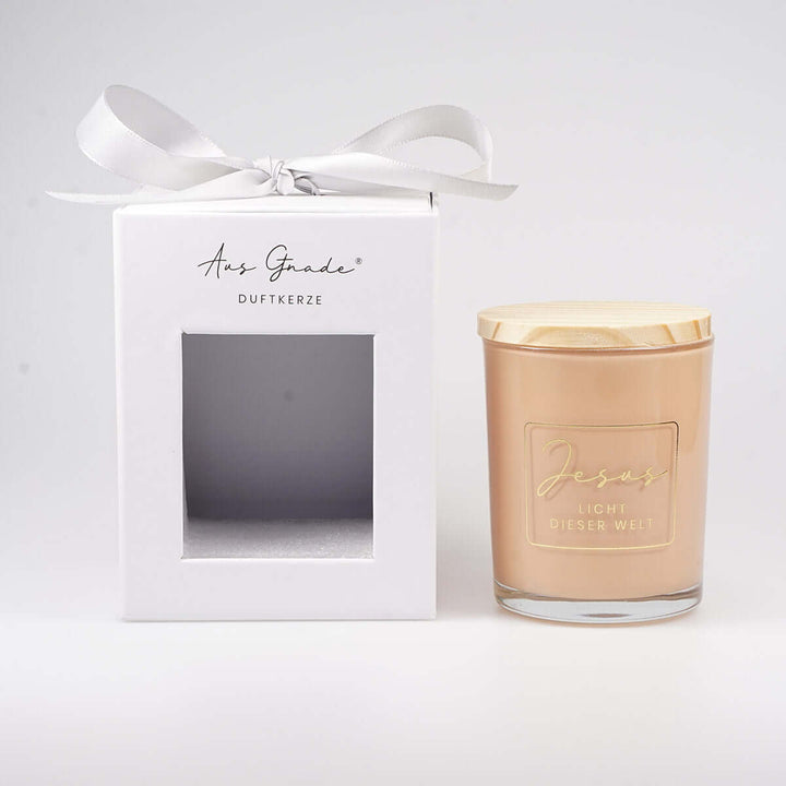 Premium Duftkerze "Jesus – Licht dieser Welt" · Geschenkbox · Jasmin – Aus Gnade