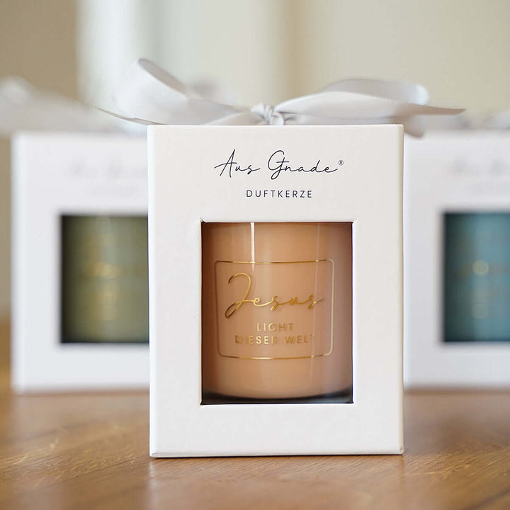 Premium Duftkerzen "Jesus – Licht dieser Welt" · 4 Dufte · Geschenkbox – Aus Gnade