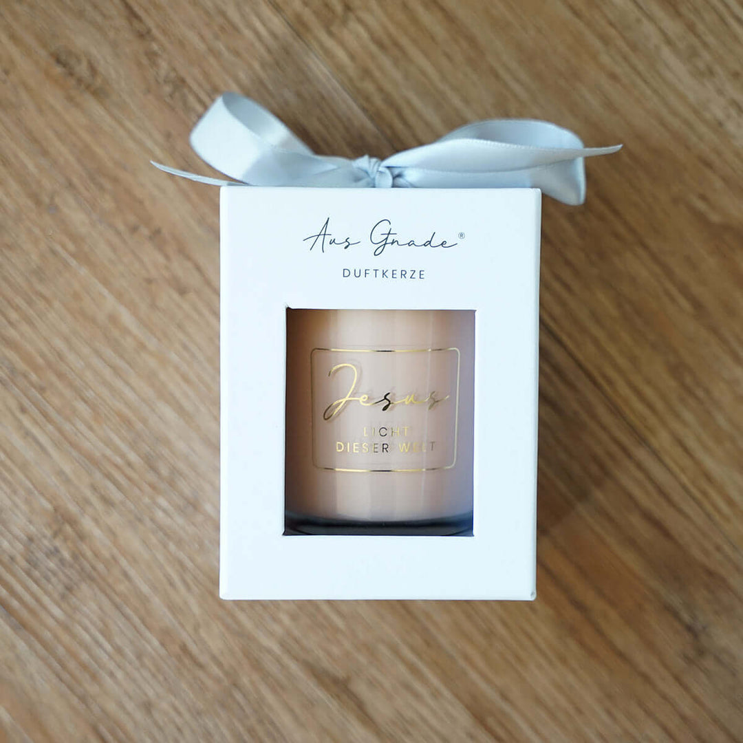 Premium Duftkerze "Jesus – Licht dieser Welt" · Geschenkbox · Jasmin – Aus Gnade