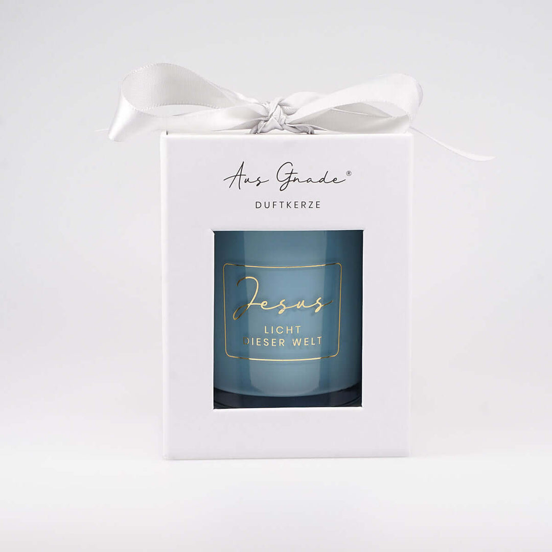 Premium Duftkerze "Jesus – Licht dieser Welt" · Geschenkbox · Lavendel – Aus Gnade