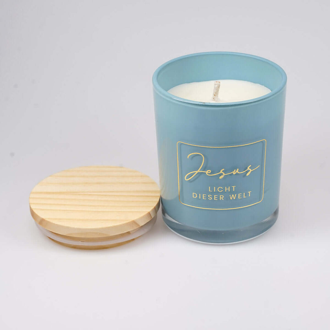 Premium Duftkerze "Jesus – Licht dieser Welt" · Geschenkbox · Lavendel – Aus Gnade