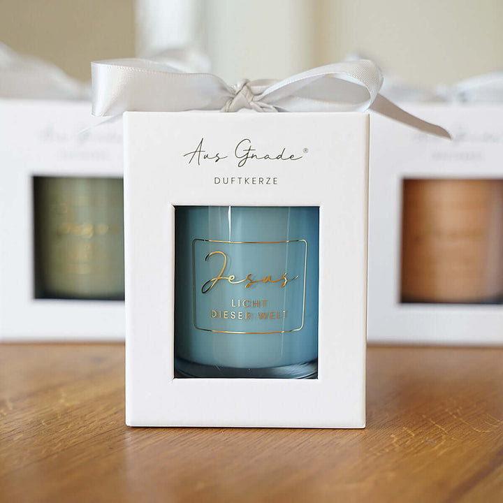 Premium Duftkerze "Jesus – Licht dieser Welt" · Geschenkbox · Lavendel – Aus Gnade