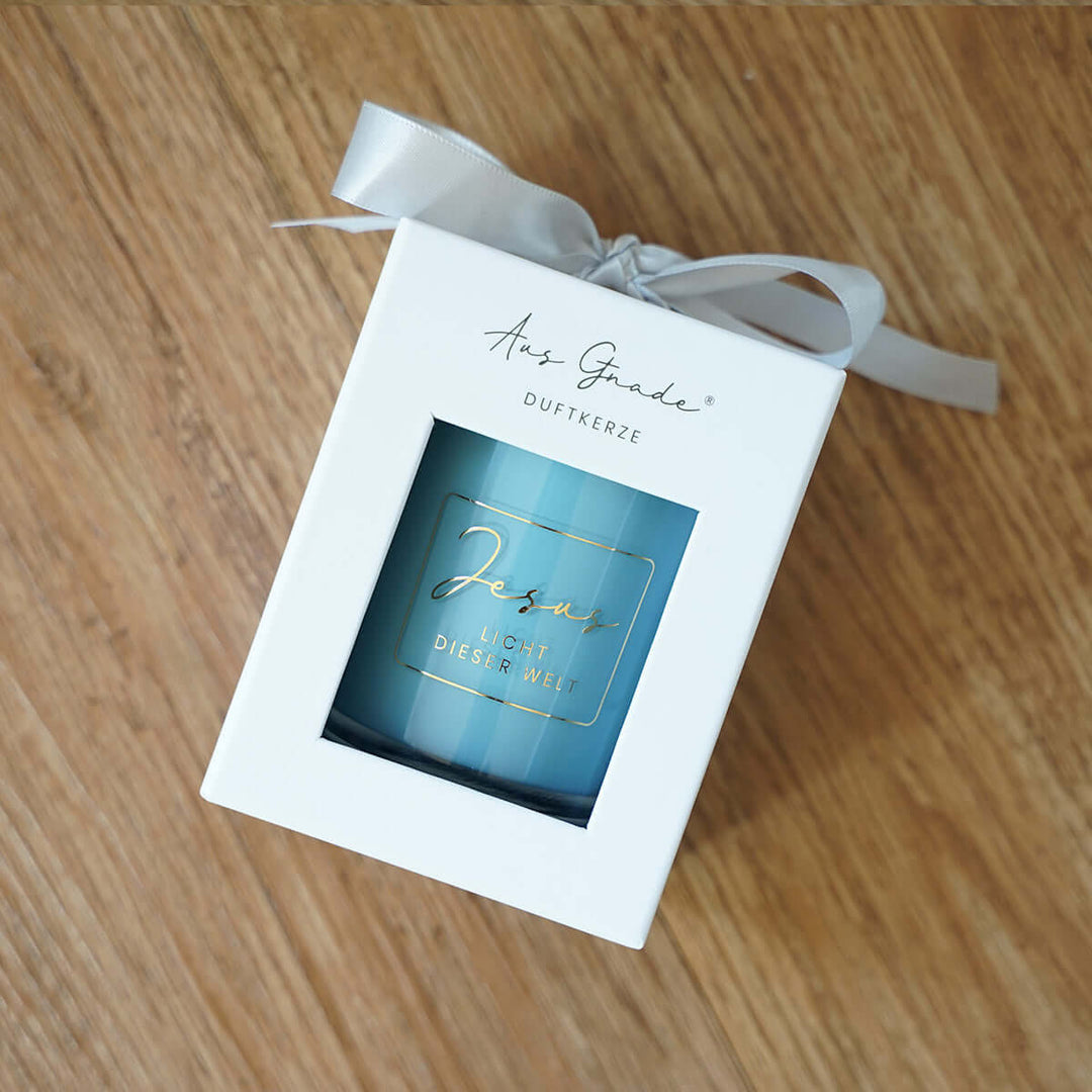 Premium Duftkerze "Jesus – Licht dieser Welt" · Geschenkbox · Lavendel – Aus Gnade