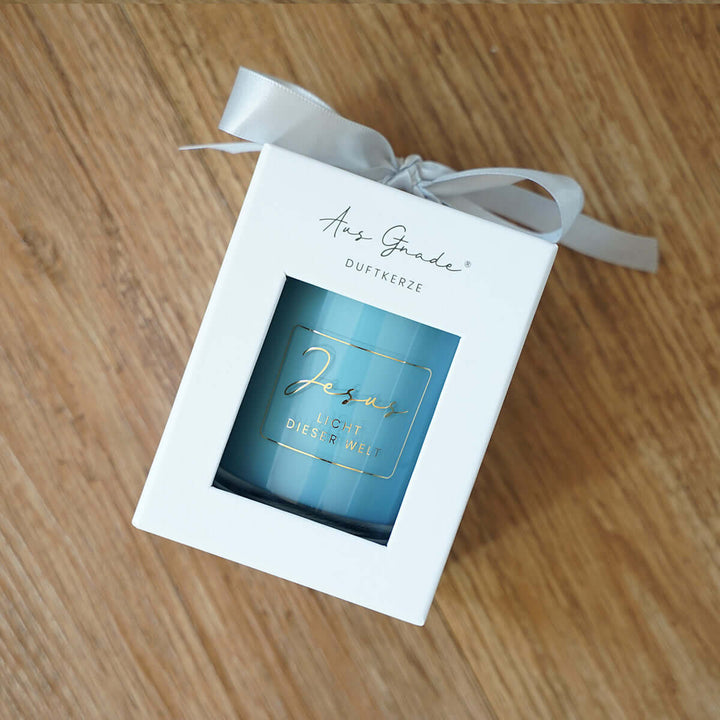 Premium Duftkerze "Jesus – Licht dieser Welt" · Geschenkbox · Lavendel – Aus Gnade