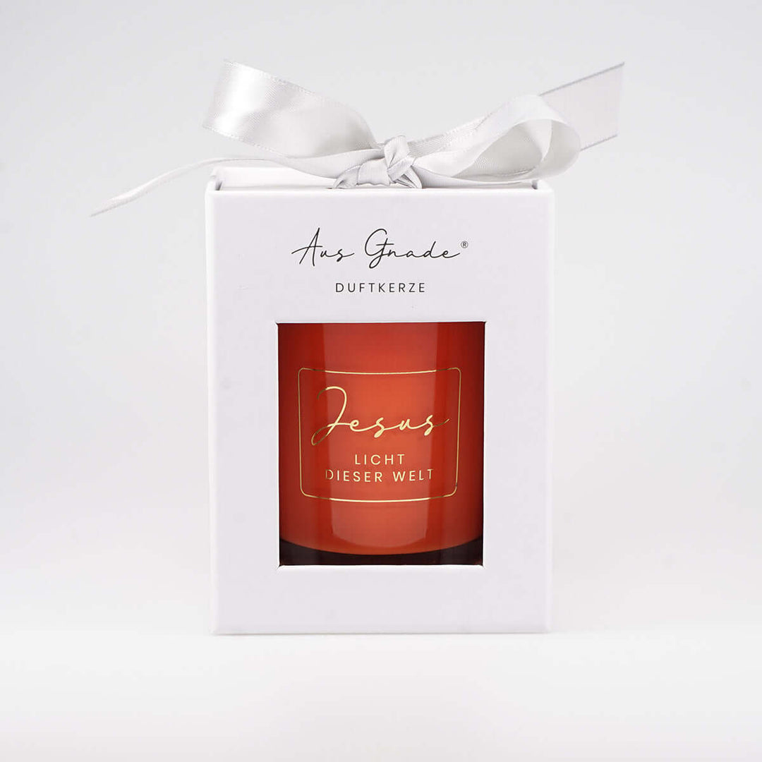 Premium Duftkerze "Jesus – Licht dieser Welt" · Geschenkbox · Sandelholz + Orange – Aus Gnade