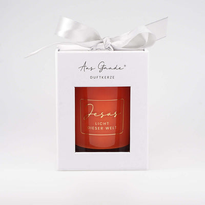 Premium Duftkerze "Jesus – Licht dieser Welt" · Geschenkbox · Sandelholz + Orange – Aus Gnade