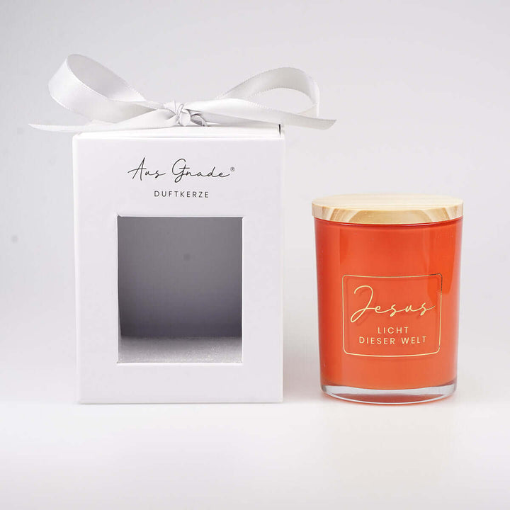 Premium Duftkerze "Jesus – Licht dieser Welt" · Geschenkbox · Sandelholz + Orange – Aus Gnade