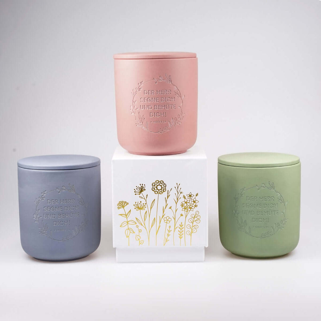 Premium Duftkerze "Gottes Segen" · Keramik-Gravur + Geschenkbox