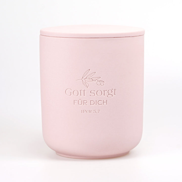 Premium Duftkerze "Gott sorgt" · Keramik-Gravur + Geschenkbox · Sakura