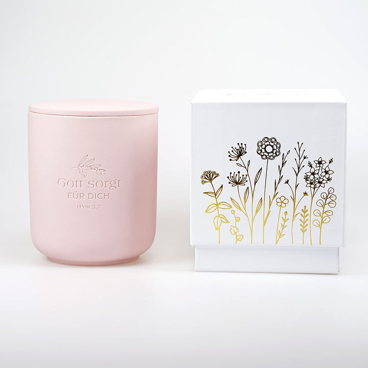 Premium Duftkerze "Gott sorgt" · Keramik-Gravur + Geschenkbox · Sakura