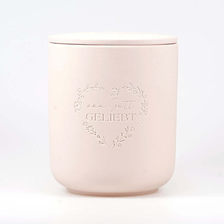 Premium Duftkerze "Von Gott geliebt" · Keramik-Gravur + Geschenkbox · Jasmin