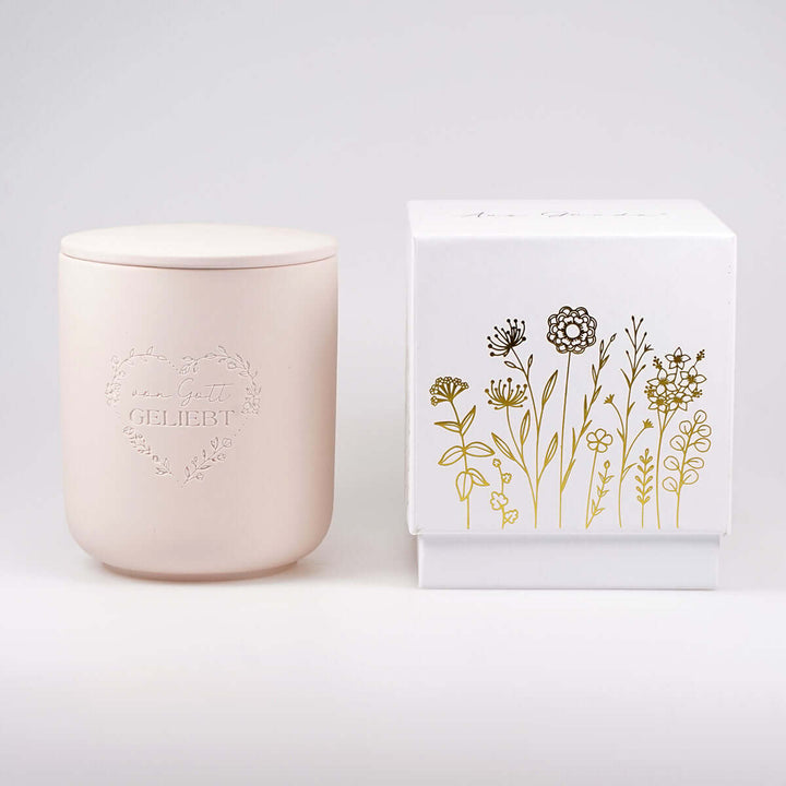 Premium Duftkerze "Von Gott geliebt" · Keramik-Gravur + Geschenkbox · Jasmin