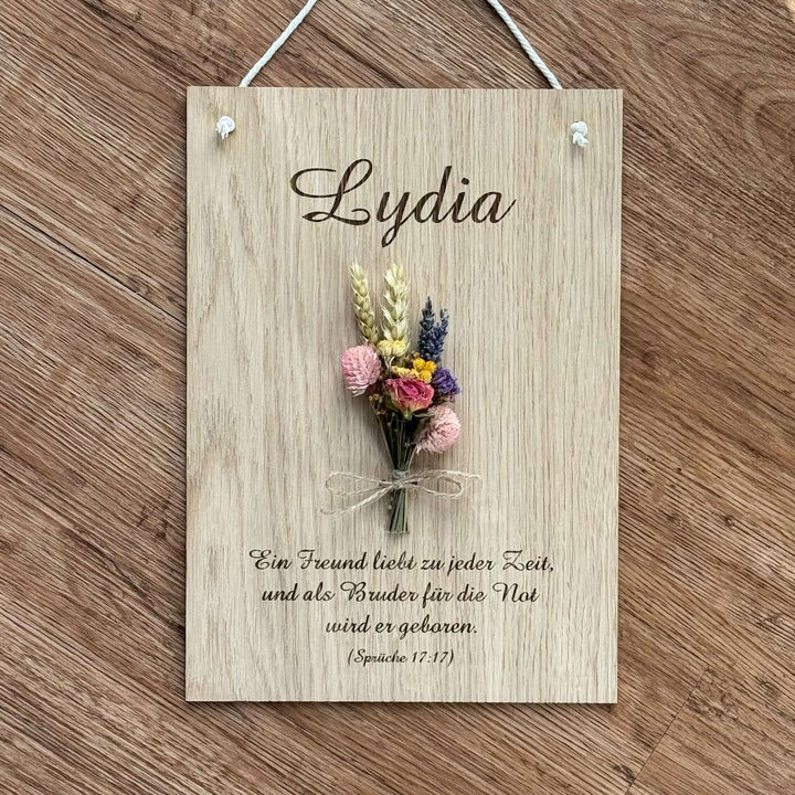 Personalisiertes Holzschild "Trockenblumen" · 3D mit Trockenblumen & Gravur