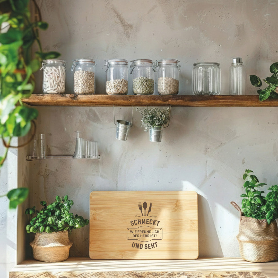 Holzbrett "schmeckt und seht" · Bibelvers Gravur · verschiedene Größen